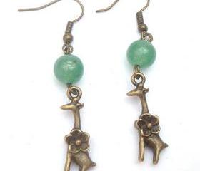 Antiqued Brass Giraffe Green Jade Earrings