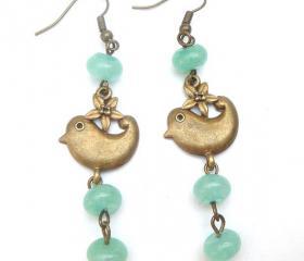 Antiqued Brass Bird Green Jade Earrings