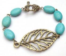 Antiqued Brass Leaf Green Turquoise Bracelet