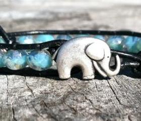 Elephant Bracelet, Good Luck Elephant, Blue Green Czech Glass Beads, Christmas Gift