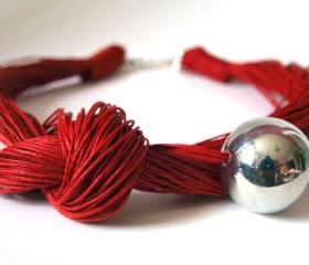 Red linen Necklace with silver