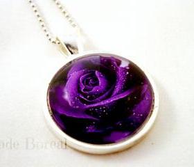 Purple rose glass pendant necklace