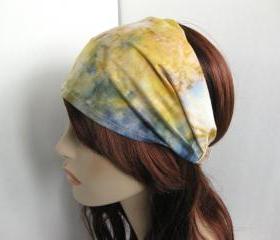 Tie Dye Headband Head Wrap Dreadband Womens Hippie Bandana Colorful Yellow Green and BlueCotton Fabric