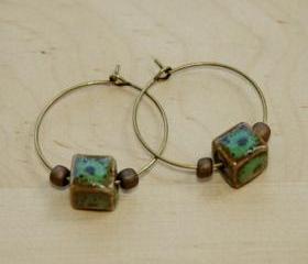 Turquoise Cube Ceramic Bronze Beads Hoop Earrings