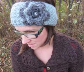 Winter Headwrap / Ear warmer Blue and Gray with Button Closure