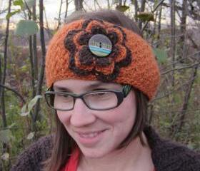 Winter Headwrap / Earwarmer Pumpkin and Brown with Button Closure