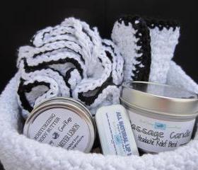 Bath and Body Wedding Gift Basket with Massage Candle, Lip Balm, Body Butter, Bath Pouf, and Rag
