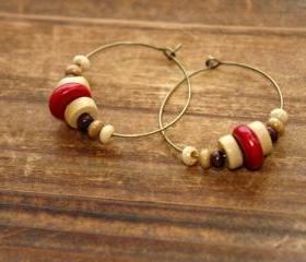 Bohemian Wood Beads Brass Charms Dangle Earrings