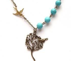 Antiqued Brass Tree Bird Green Turquoise Necklace