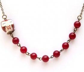Antiqued Brass Red Porcelain Owl Agate Necklace