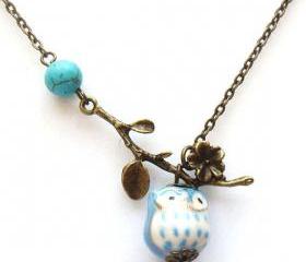 Antiqued Brass Leaf Turquoise Porcelain Owl Necklace