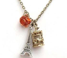Antiqued Brass Eiffel Tower Carrousel Flower Necklace