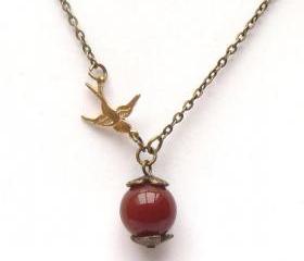 Antiqued Brass Bird Red Agate Necklace