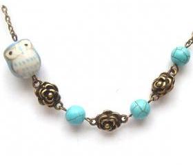 Antiqued Brass Flower Turquoise Porcelain Owl Necklace