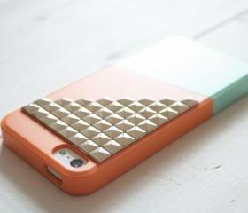 iPhone 5 case - Color Block Case - Green Orange / Silver studs