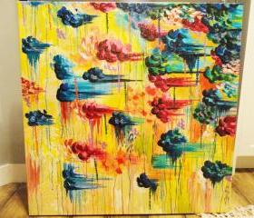 HUGE Acrylic Painting 30 x 30 Abstract Painting Fine Art FREE SHIPPING Rain Storm Clouds Colorful Bright Rainbow Magenta Teal Modern Impasto