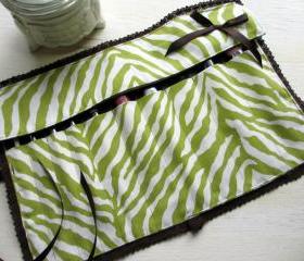 One of a Kind Handmade Green and Brown Zebra Print Knit Lace Trimmed Makeup Brush Roll/ Paint Brush Roll
