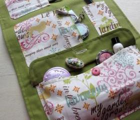 Handmade Spring Green, Pink, Blue, and Orange Beauty Fold Up Case, Travel Case, Cosmetics Case, Product Case