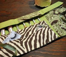 Handmade Couture Green Paisley and Zebra Print Makeup Brush and Cosmetics Fold up Case, Eye Makeup Case