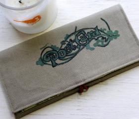 One of a Kind Hand Painted Script and Filigree Limited Edition Journeyers Series Green Duck Cloth Large Wallet and Checkbook Holder