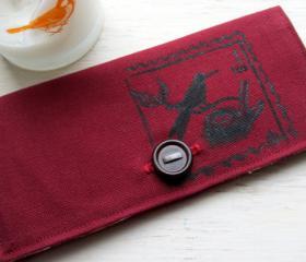 One of a Kind Hand Painted Bird and Nest Postage Stamp Limited Edition Journeyers Series Burgundy Duck Cloth Wallet