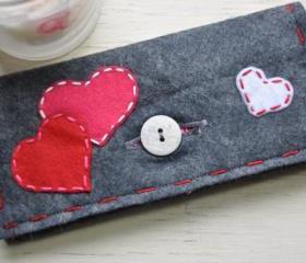 One of a Kind Handmade Embroidered Hearts Appliqued Grey Felt ladies Wallet and Checkbook Holder