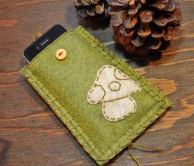 One of a Kind Handmade Mushroom Embroidered Green Felt iPhone, Smartphone, Android Sleeve/Case