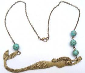 Antiqued Brass Mermaid Turquoise Necklace