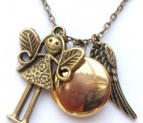 Antiqued Brass Girl Disc Locket Wing Necklace