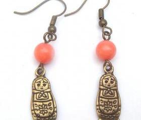 Antiqued Brass Matryoshka Pink Coral Earrings