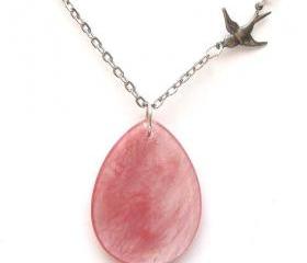 Silver Brass Bird Chery Quartz Necklace