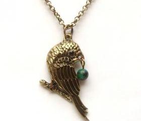 Antiqued Brass Bird Green Turquoise Necklace