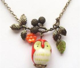 Antiqued Brass Branch Flower Porcelain Owl Necklace