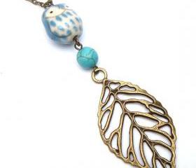 Antiqued Brass Leaf Turquoise Porcelain Owl Necklace