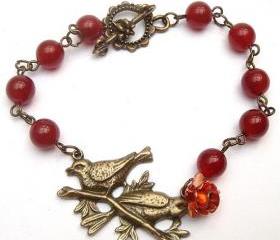 Antiqued Brass Bird Red Agate Bracelet