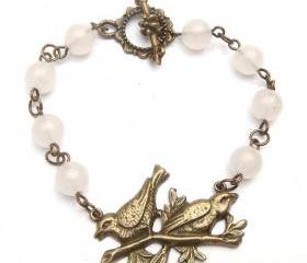 Antiqued Brass Bird White Jade Bracelet