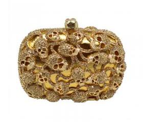 Golden Tone Skull Heads Embellishment Clutch Bag