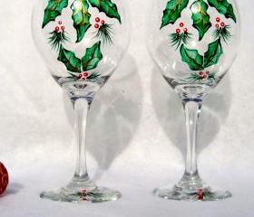 Christmas Painted Wine Glasses With Holly