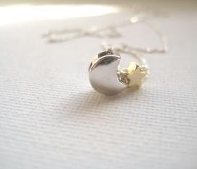 Sterling silver necklace with crescent moon and tiny star - Wishing on the same night sky