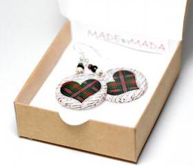 Plaid Hearts dangle Earrings Christmas Jewelry red green- decoupage earrings - double faced - size 3cm Ø