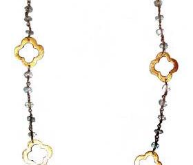 Rosary Style quartz wire wrapped necklace with lucky clover