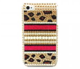 Bling Rhinestone Crystal Leopard Gold Pearl Back Hard Case Cover for Apple IPhone 4 case, iphone 4G case, iphone 4S case