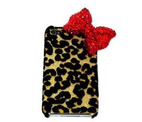 Bling leopard iphone 4 Case, Red Bow iphone 4G Case, Crystal iphone 4S Case, Leopard Gold iphone 4 Case, Ribbon iphone 4 Case A1B