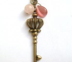 Antiqued Brass Key Rose Quartz Cat Eye Necklace