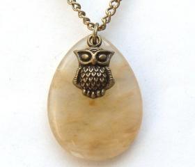 Antiqued Brass Owl Snowfake Quartz Necklace