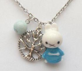 Silver Plated Brass Tree Coral Lampwork Rabbit Necklace