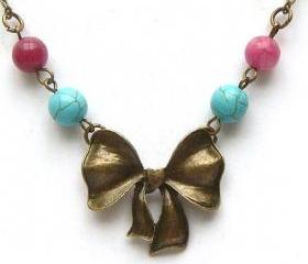 Antiqued Brass Bowtie Jade Turquoise Necklace