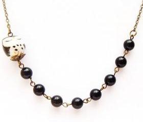 Antiqued Brass Black Porcelain Owl Black Agate Necklace