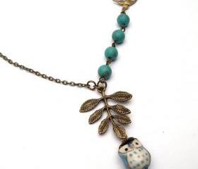 Antiqued Brass Leaf Bird Turquoise Porcelain Owl Necklace