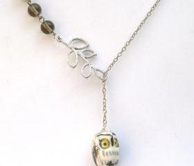 Silver Plated Brass Leaf Quartz Porcelain Owl Necklace